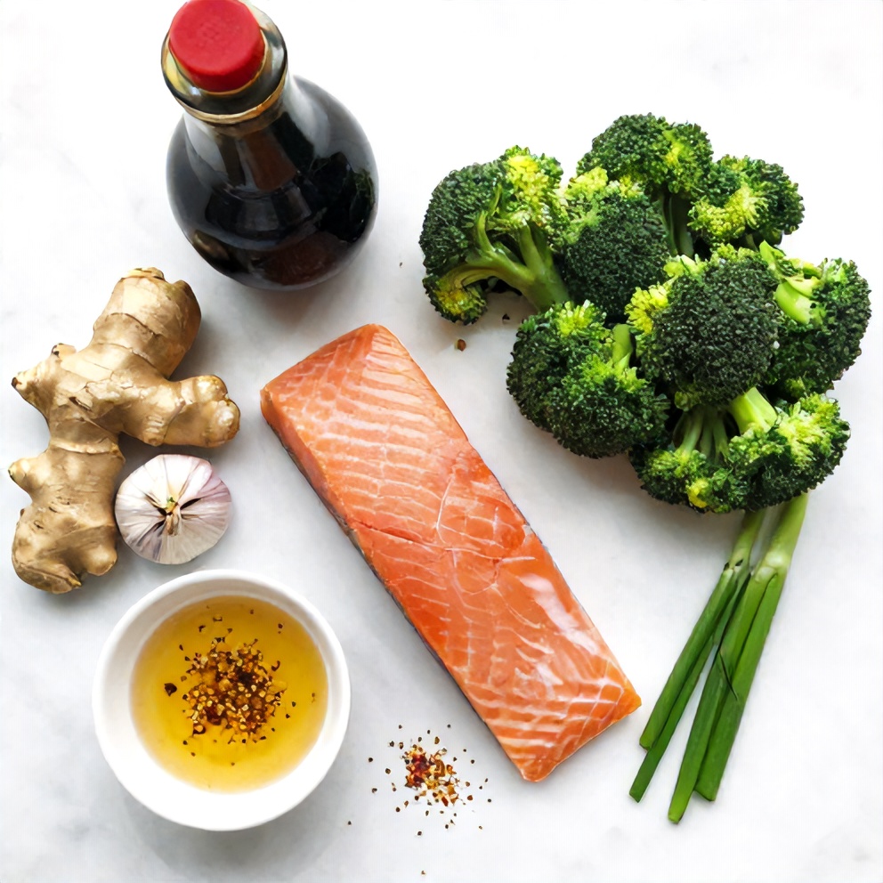 Raw ingredients for Asian Salmon and Broccoli arranged on a marble surface
