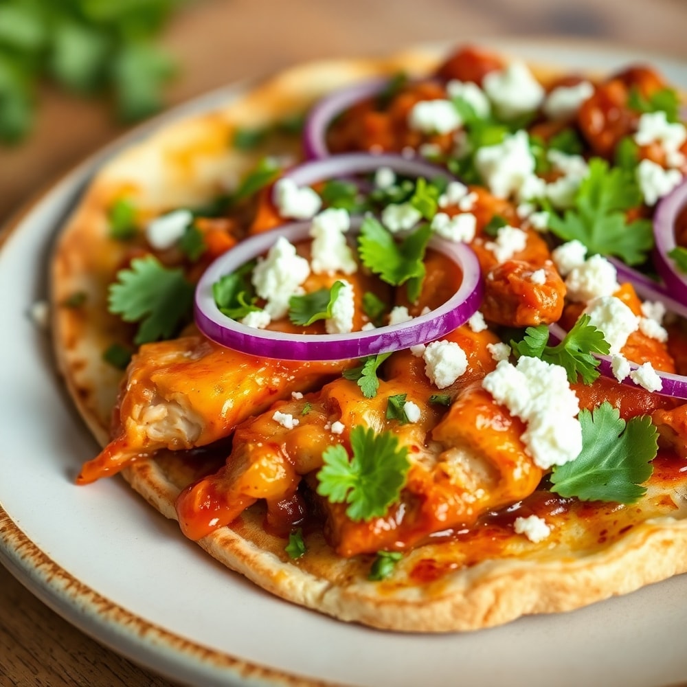 Plated BBQ Chicken Flatbread with fresh herbs