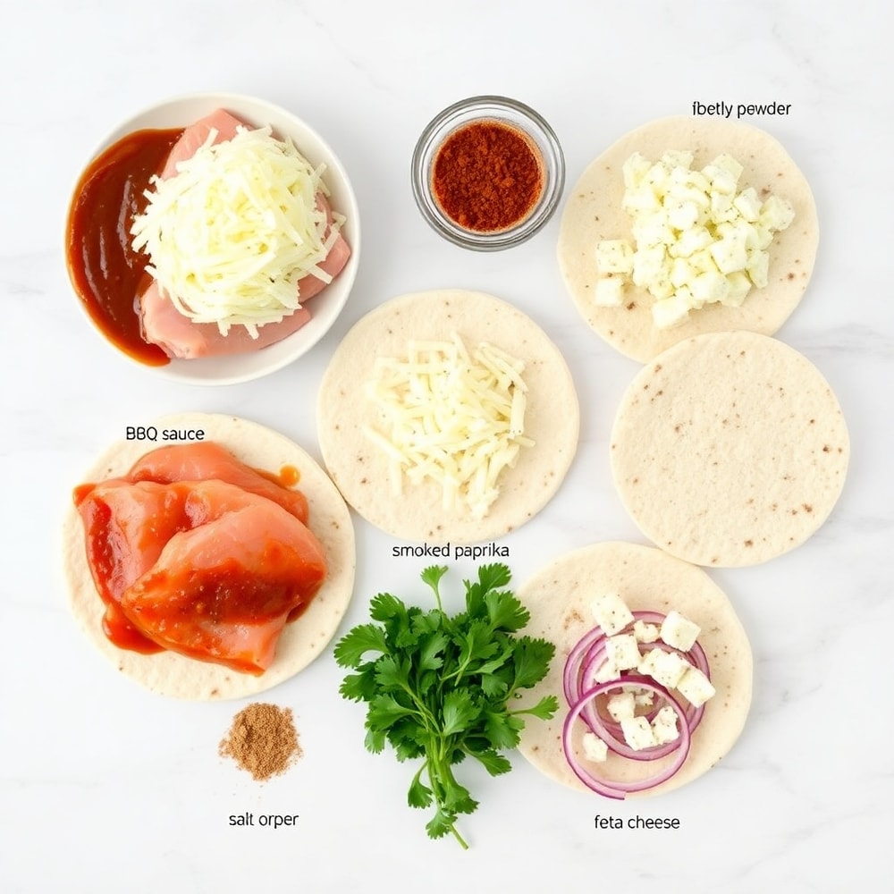 Raw ingredients for BBQ Chicken Flatbread on a marble surface