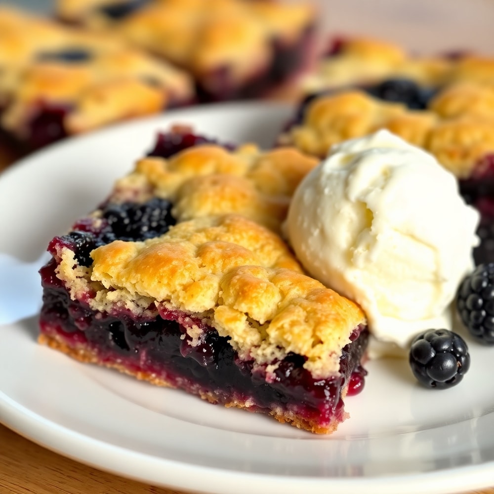 Blackberry Cobbler Bars on a white plate with a scoop of vanilla ice cream