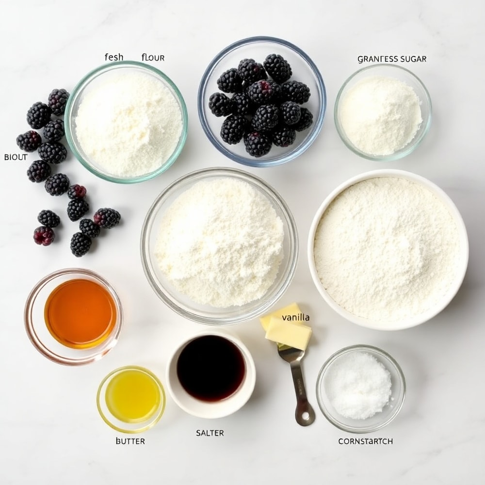 Raw ingredients for Blackberry Cobbler Bars on a white marble surface