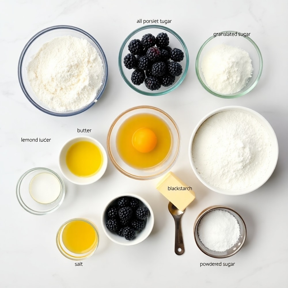 Blackberry Shortbread ingredients on a marble countertop