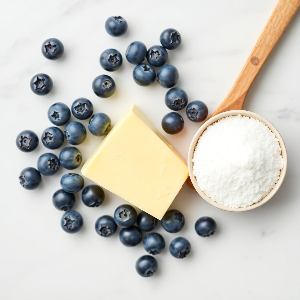 Blueberry, butter, and sugar on a marble surface