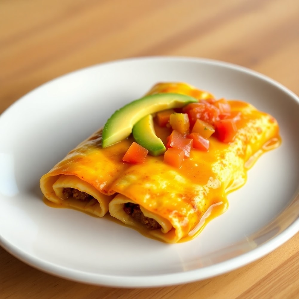 Plated Easy Breakfast Enchiladas with avocado and salsa