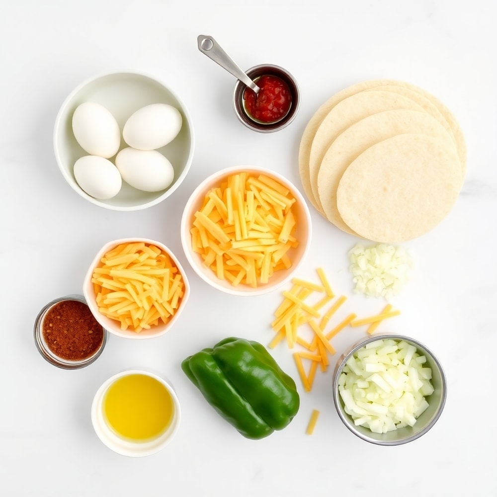 Raw ingredients for Easy Breakfast Enchiladas - eggs, tortillas, cheese, bell peppers, and onions