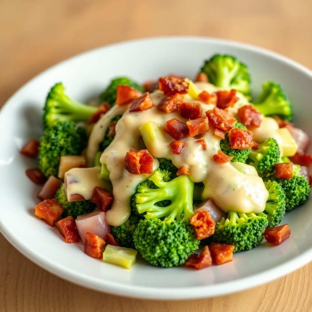 One serving of Broccoli Grape Salad plated on a white dish, with a creamy dressing drizzled on top and crispy bacon bits sprinkled around.