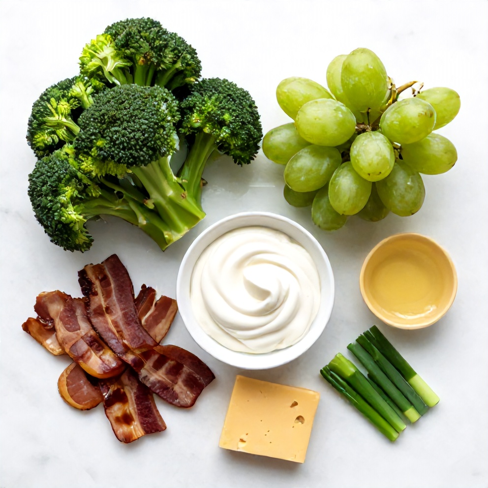 Raw ingredients for Broccoli Grape Salad: broccoli, grapes, bacon, cheddar cheese, green onions, mayonnaise, sour cream, and apple cider vinegar on a white marble surface.
