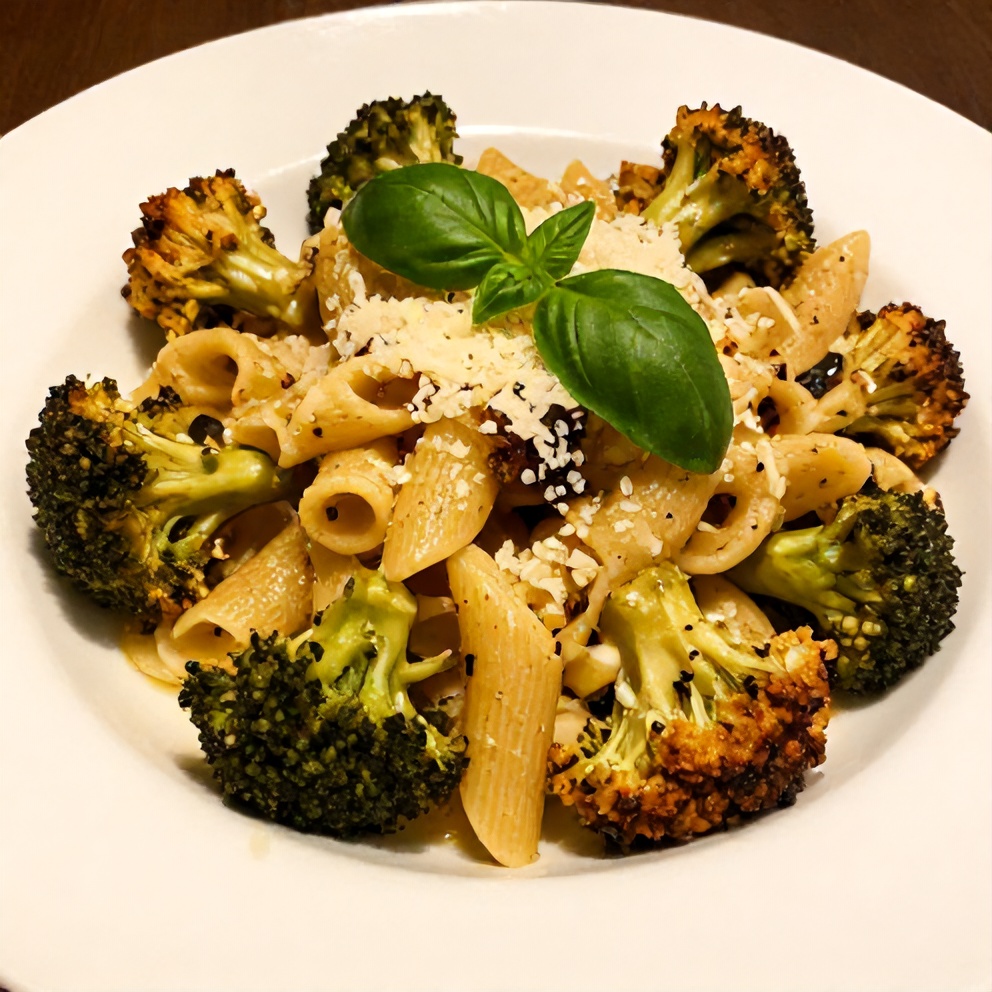 Plated broccoli pasta with garlic parmesan sauce and parmesan cheese