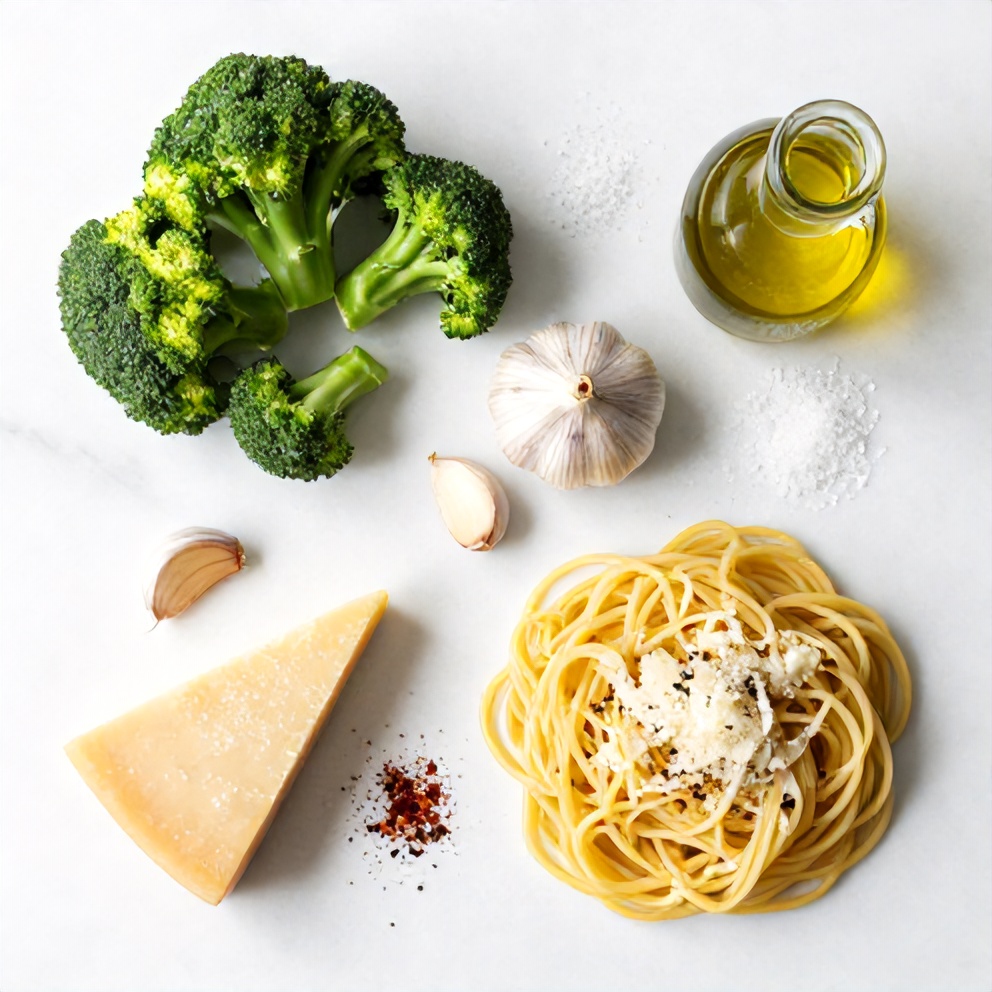 Broccoli, garlic, parmesan, pasta, olive oil, salt, pepper, red pepper flakes