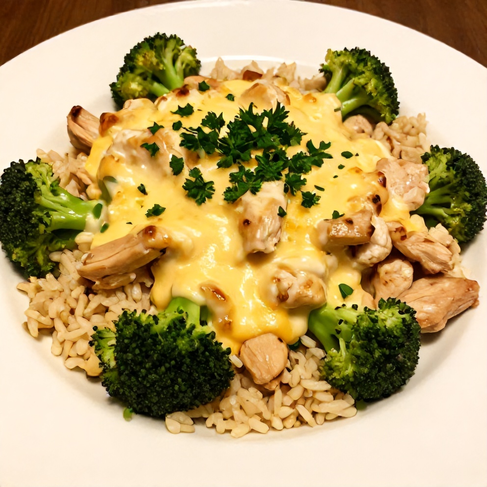 Plated Cheesy Broccoli Chicken and Rice Dinner