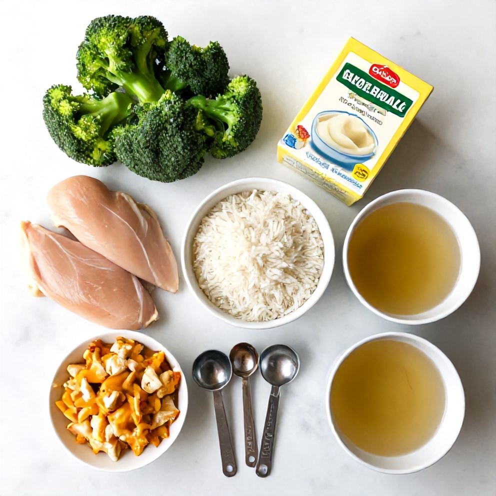 Raw Ingredients for Cheesy Broccoli Chicken and Rice Crockpot Dinner