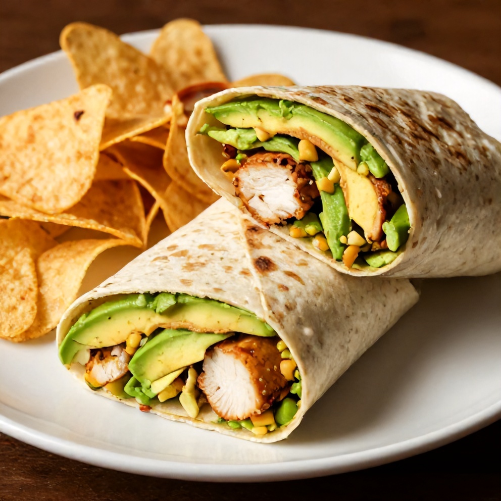 Chicken avocado wrap on a white plate with a side of chips