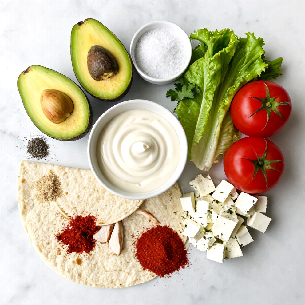 Raw ingredients for chicken avocado wrap on a marble surface