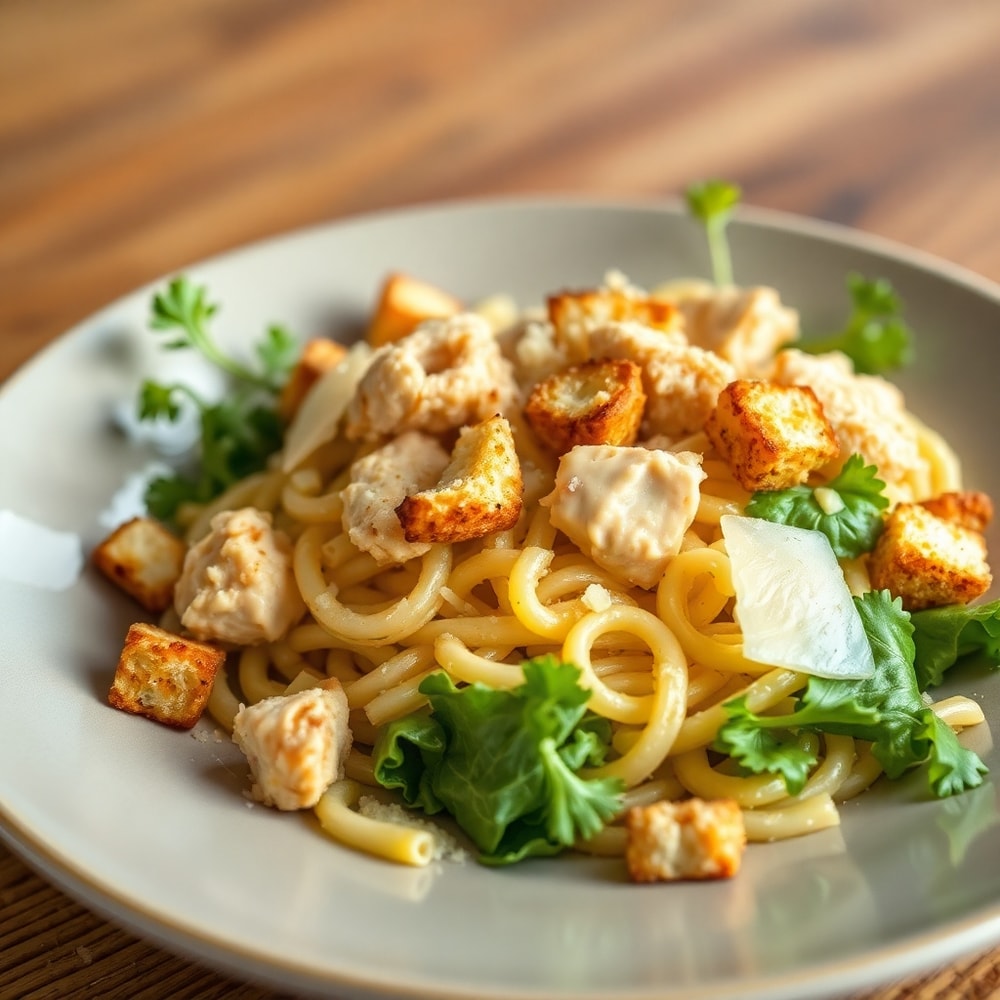 Plated Chicken Caesar Pasta Salad with crispy croutons and Parmesan cheese