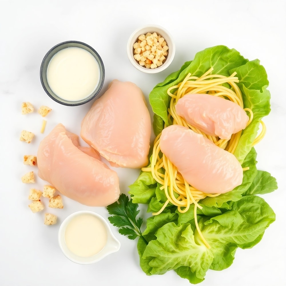 Raw ingredients for Chicken Caesar Pasta Salad: chicken breasts, pasta, romaine lettuce, croutons, Caesar dressing
