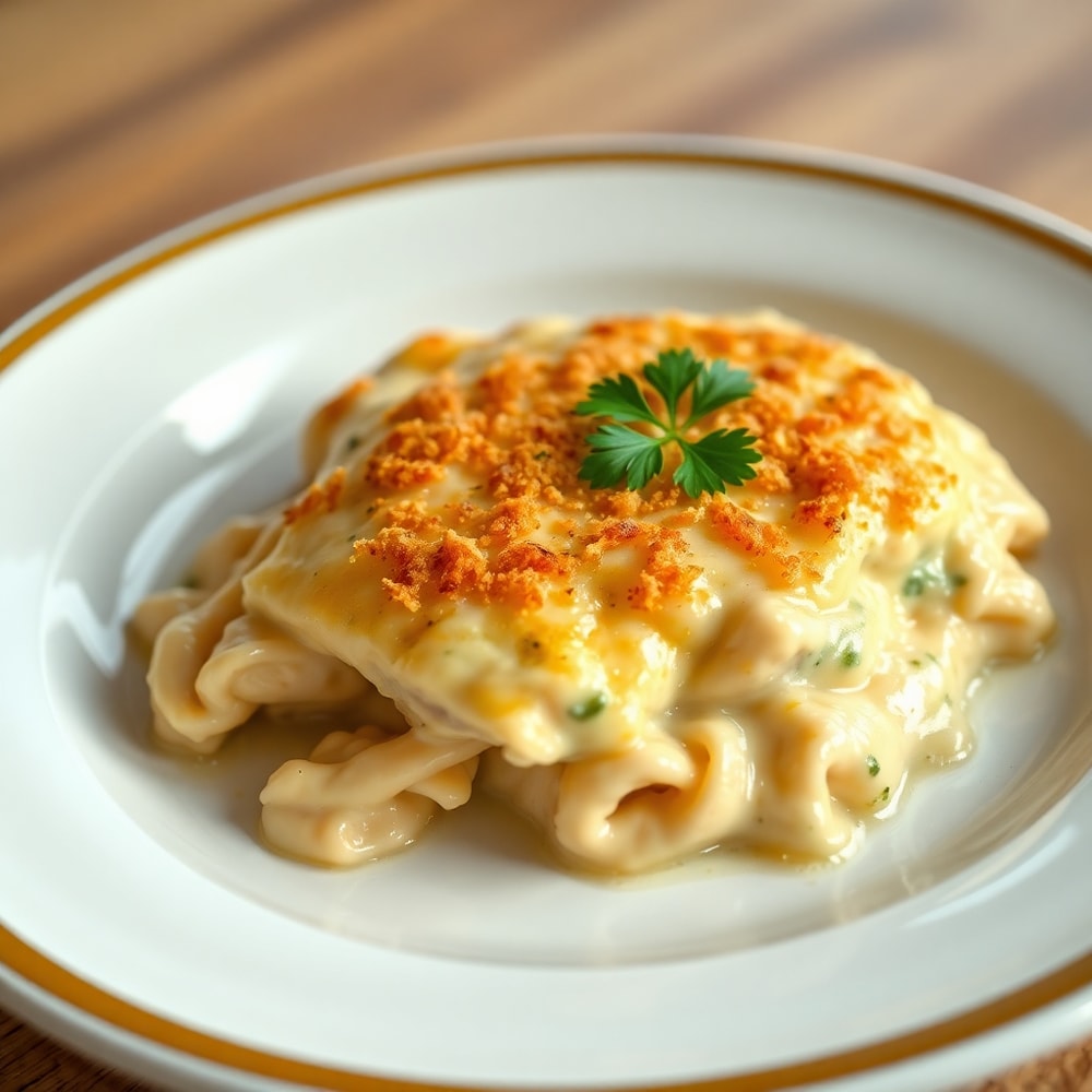 Plated Chicken Tetrazzini with Parsley Garnish