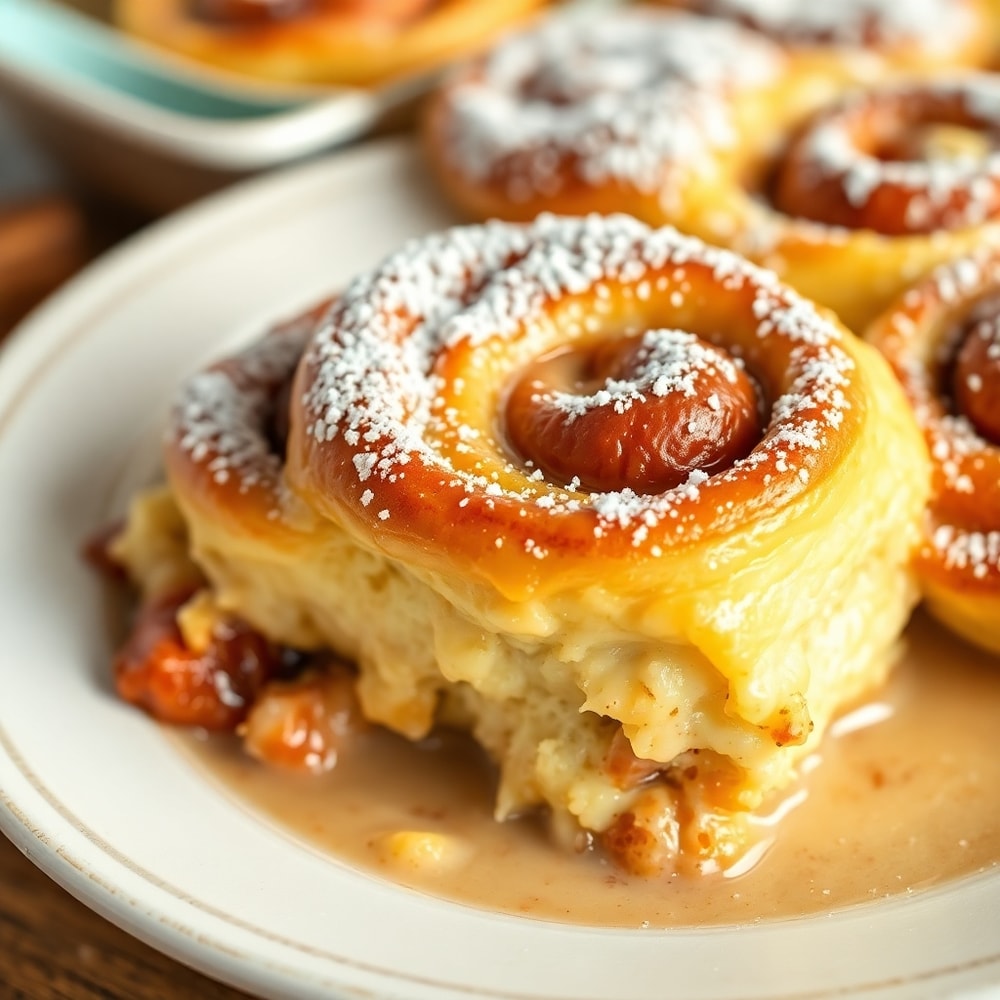 Easy Cinnamon Roll Casserole - Golden, gooey cinnamon rolls in a creamy casserole dish, garnished with powdered sugar