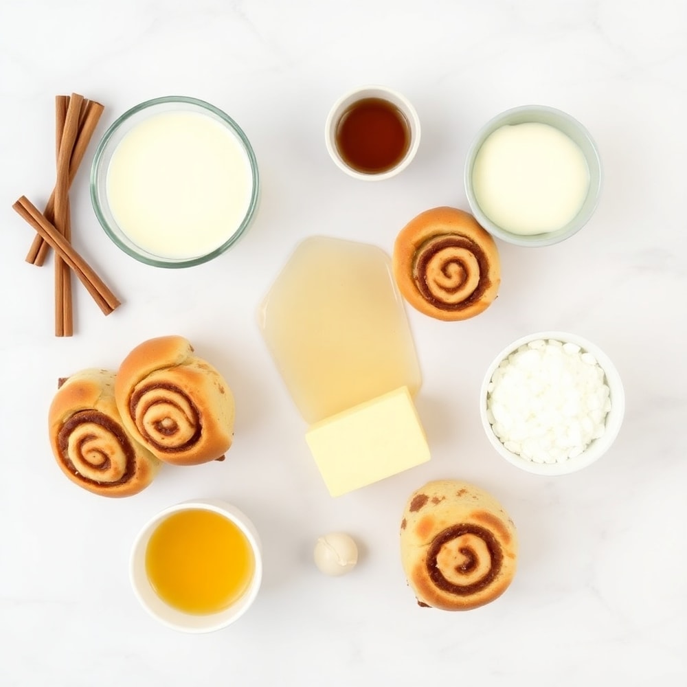Easy Cinnamon Roll Casserole ingredients - Cinnamon rolls, eggs, milk, sugar, butter, and vanilla extract on a white marble surface