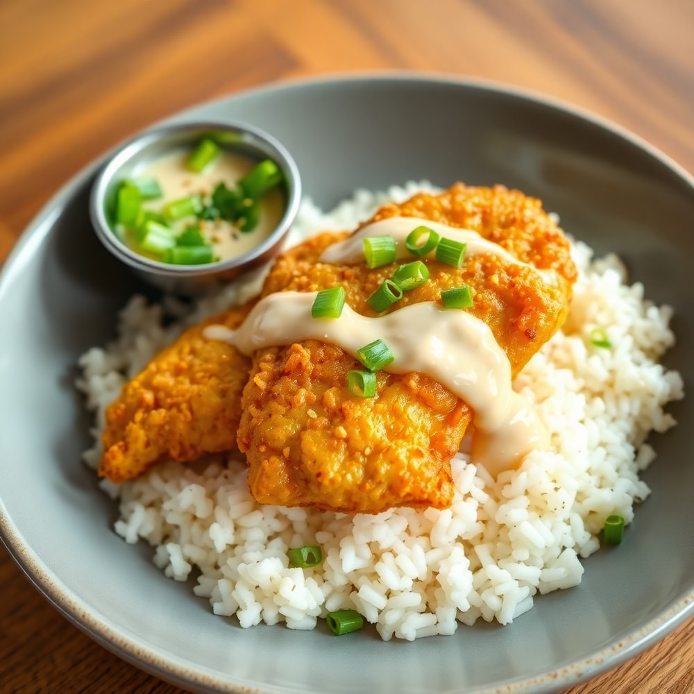 Plated Coconut Chicken Rice Bowl with garnish