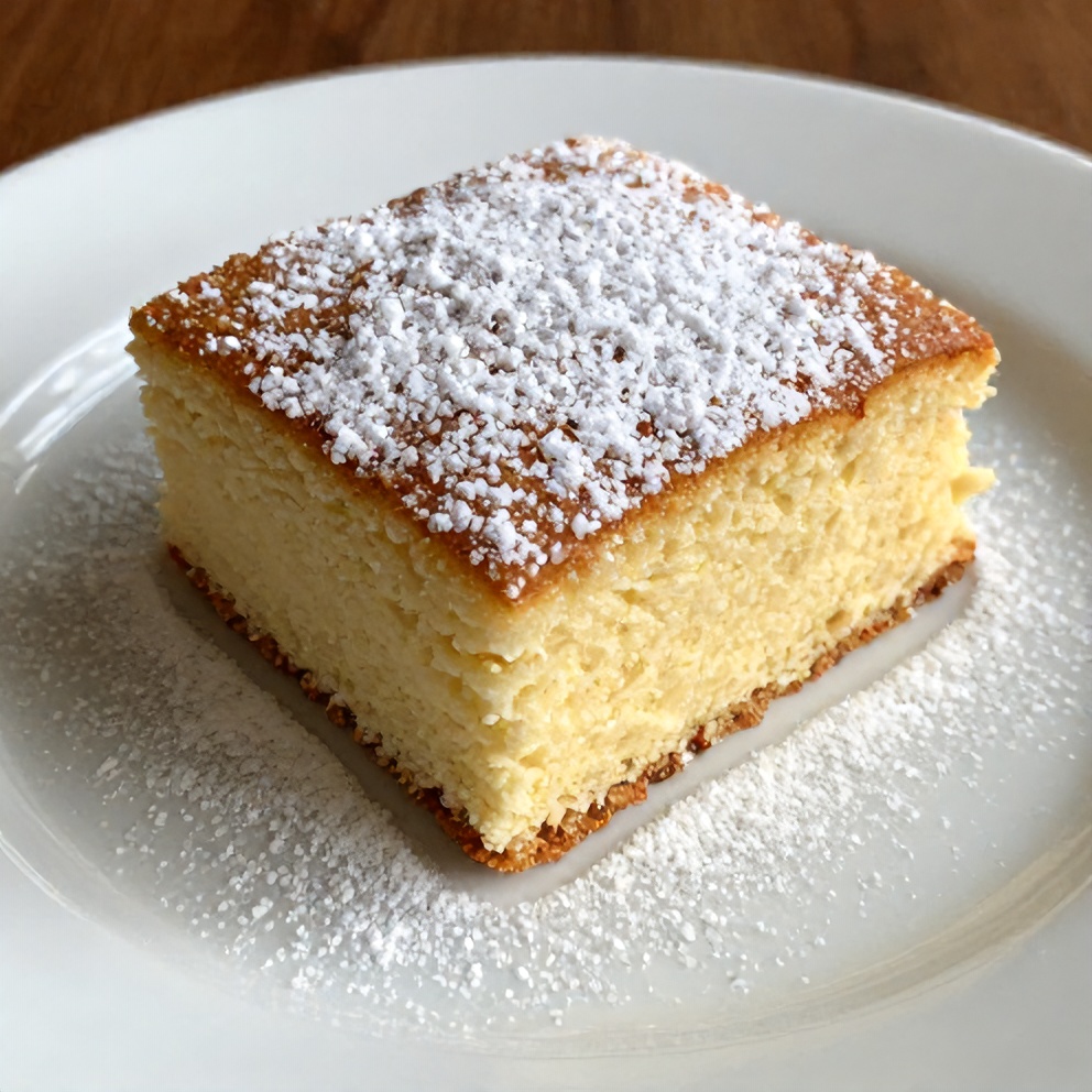 Coconut Milk Snack Cake with powdered sugar on a plate