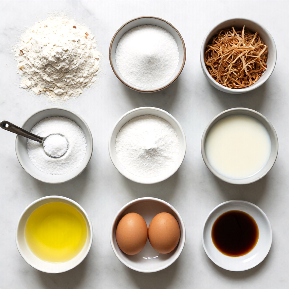 Ingredients for Coconut Milk Snack Cake on a marble surface