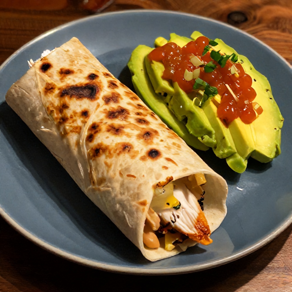 Chicken Burrito Bowl with avocado and salsa on a blue plate