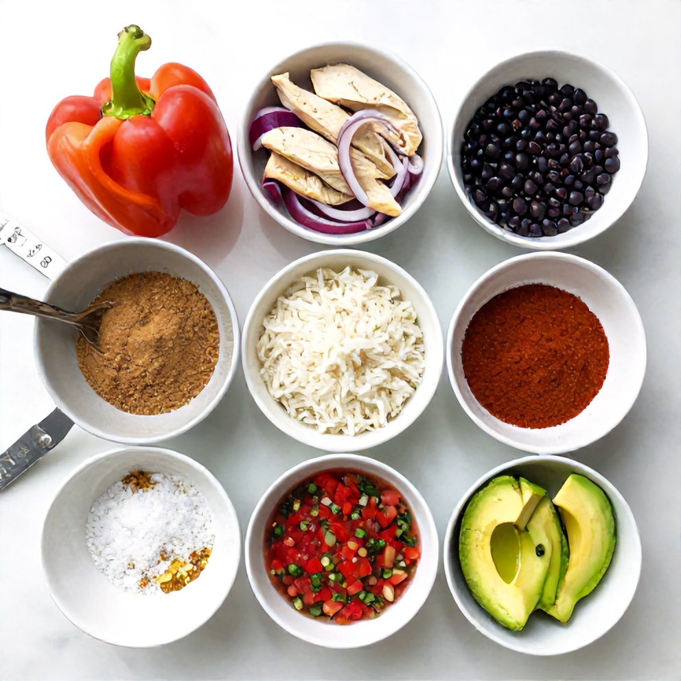 Raw ingredients for Chicken Burrito Bowl on a marble surface