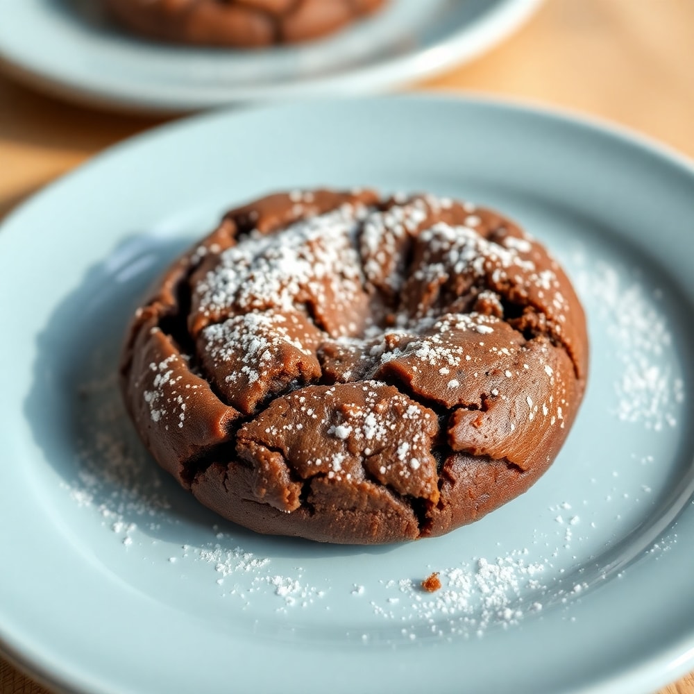 Fudgy chocolate brownie cookie on a light blue plate