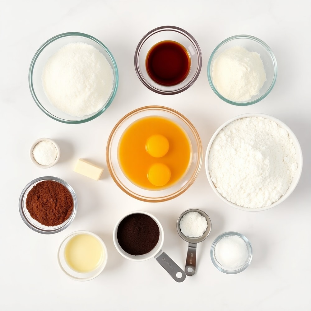 Raw ingredients for fudgy chocolate brownie cookies on a white marble surface