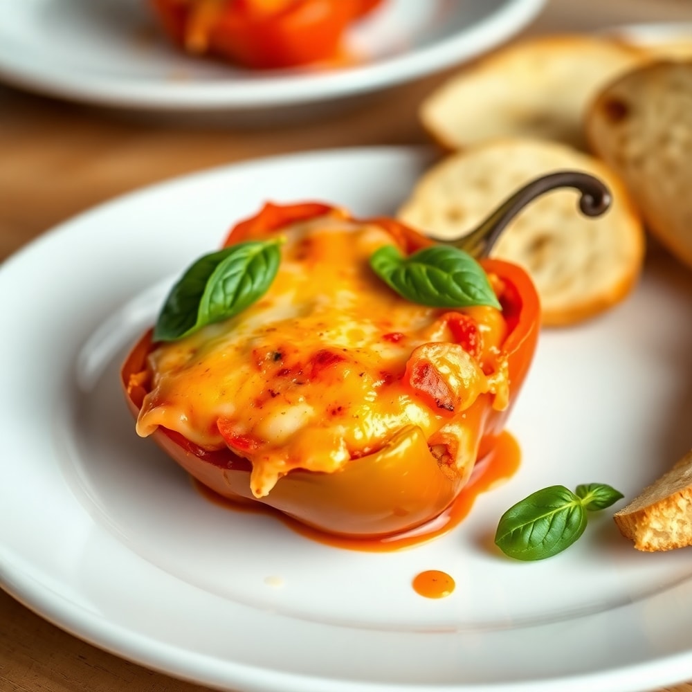 Plated Hawaiian Pizza Stuffed Peppers with a side of garlic bread