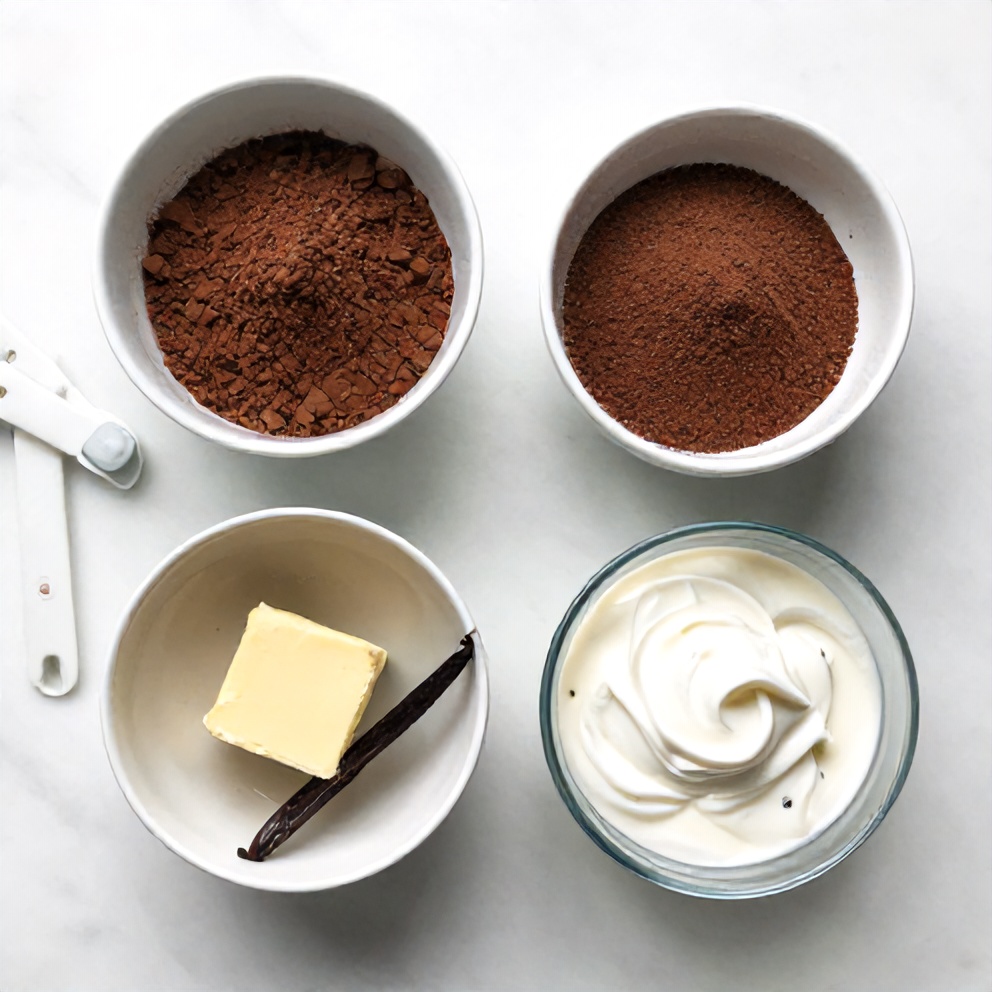 Overhead shot of ingredients for homemade chocolate: cocoa powder, sugar, butter, vanilla extract, and heavy cream