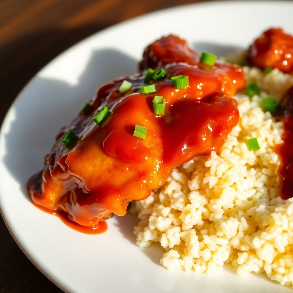 Plated Honey BBQ Chicken and Rice with garnish