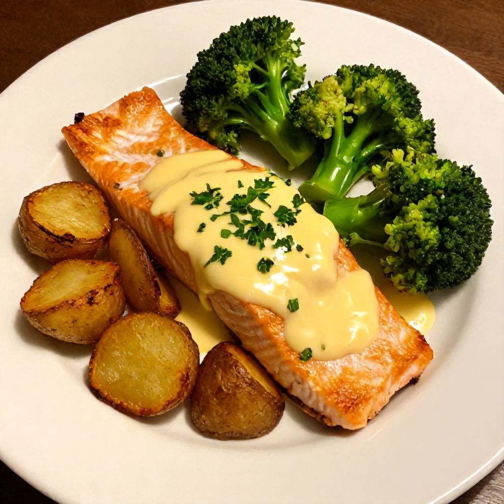 Plated Easy Lemon Butter Salmon with crispy potatoes and broccoli