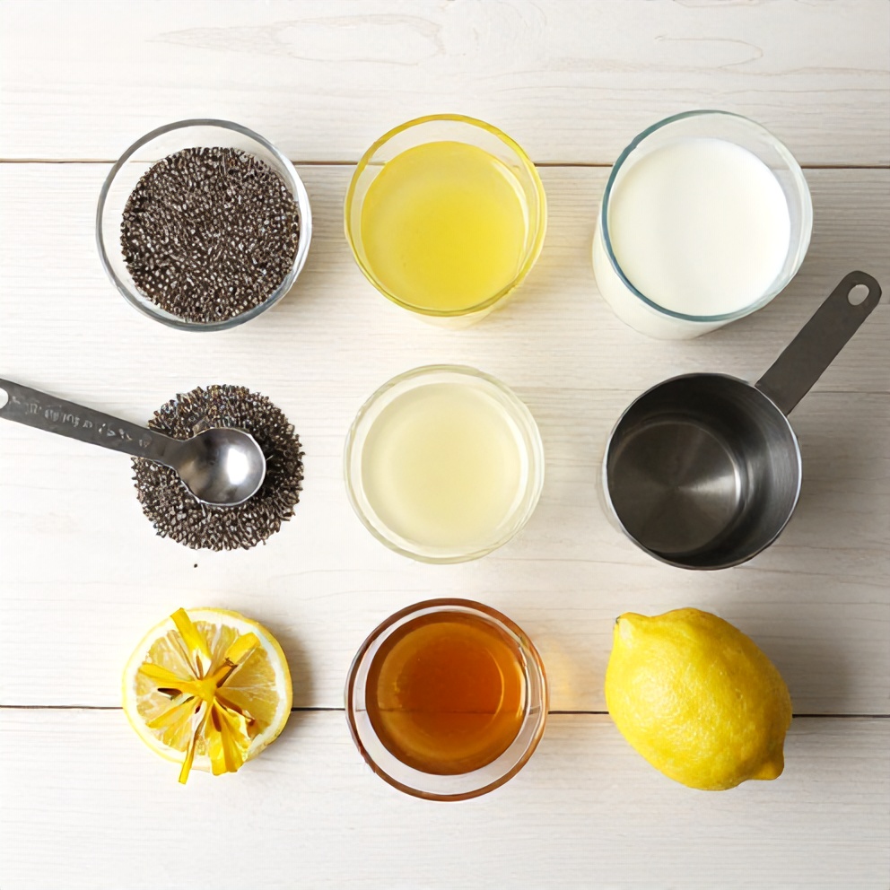 Ingredients for Lemon Chia Pudding laid out on a wooden surface