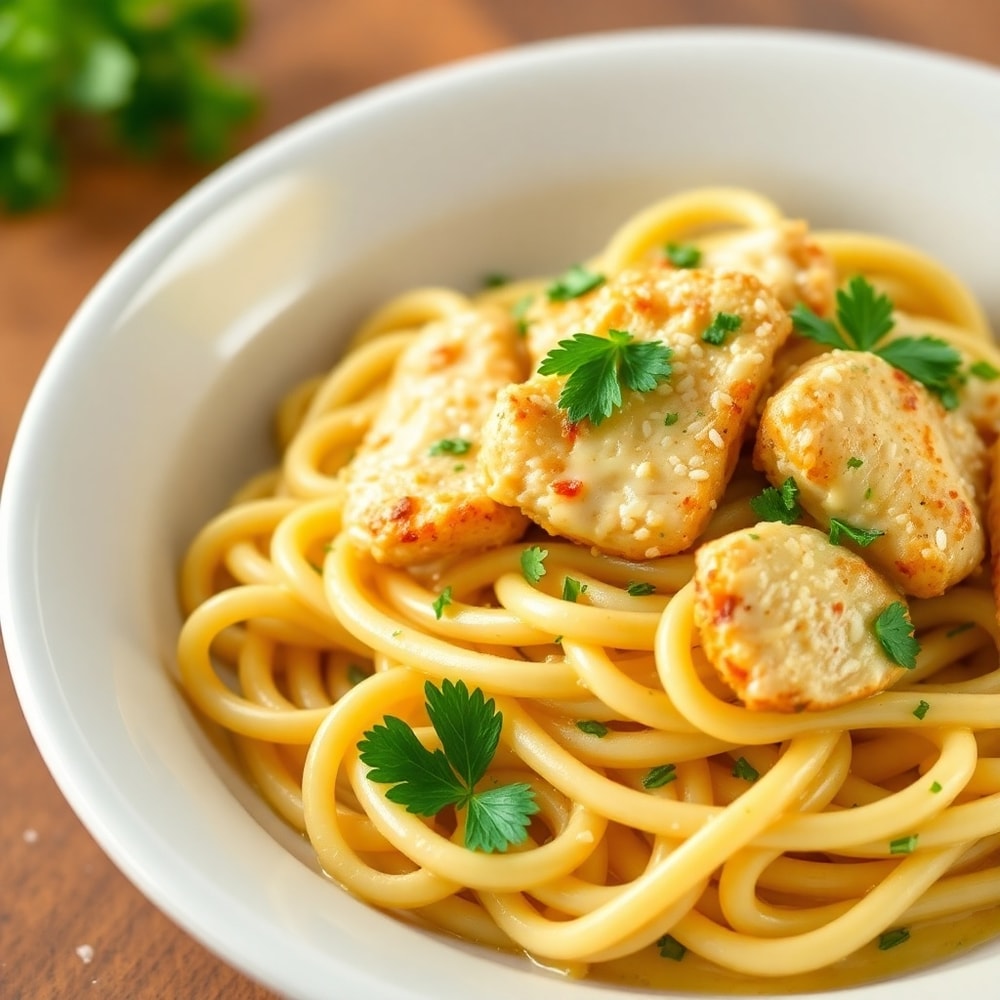 Plated Easy Lemon Chicken Pasta with fresh parsley and parmesan
