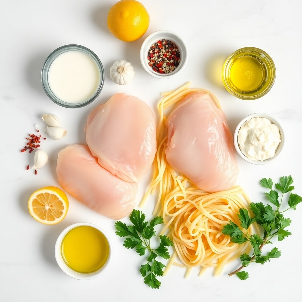 Raw ingredients for Easy Lemon Chicken Pasta: chicken, pasta, lemons, garlic, heavy cream, parmesan
