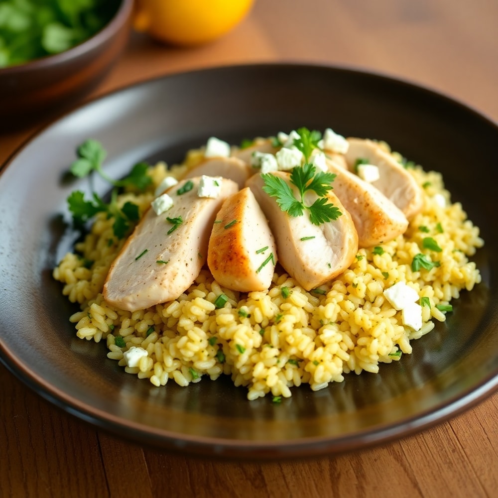 Plated Lemon Herb Couscous Chicken with garnish