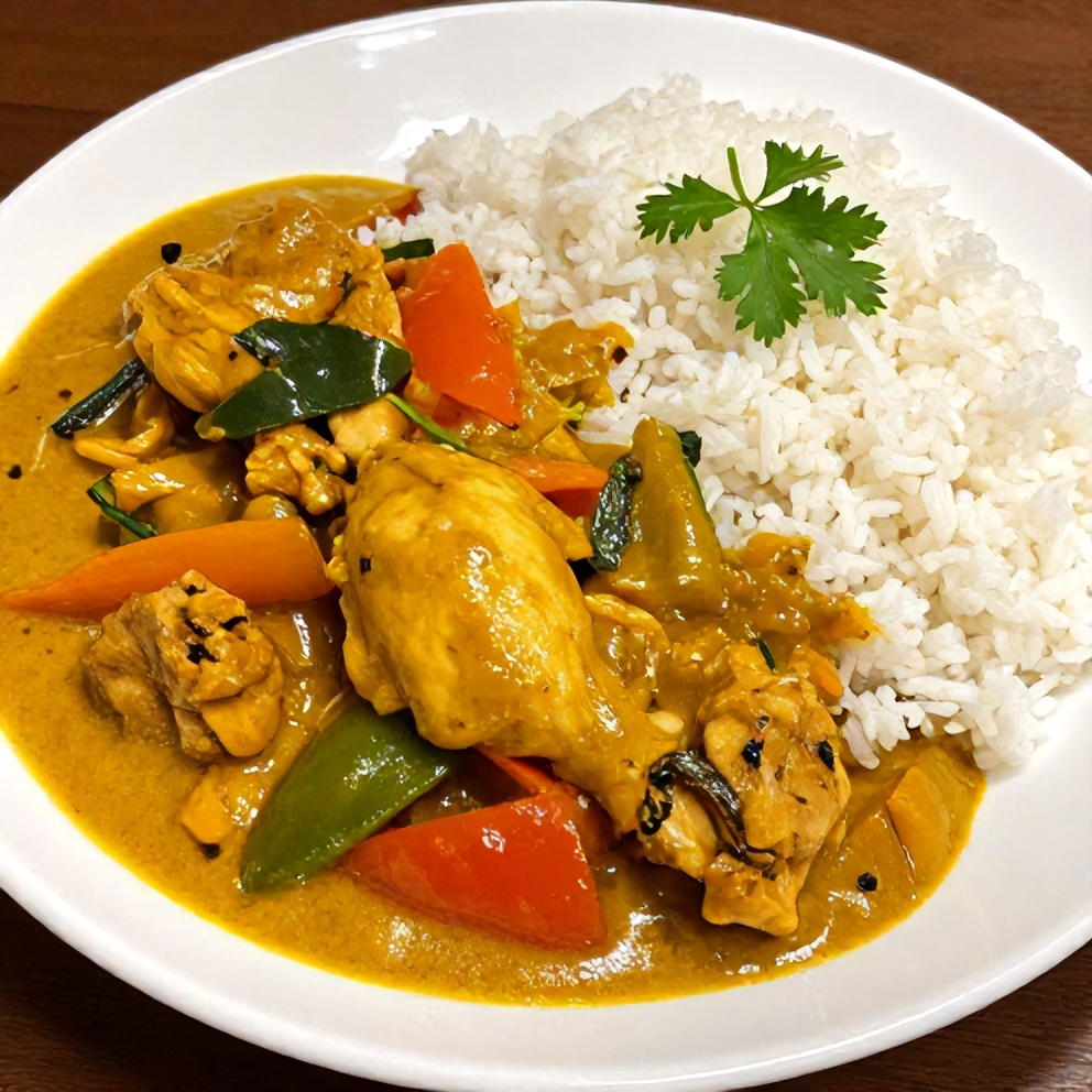 Plated serving of Easy Massaman Chicken Curry with steamed rice and garnished with cilantro