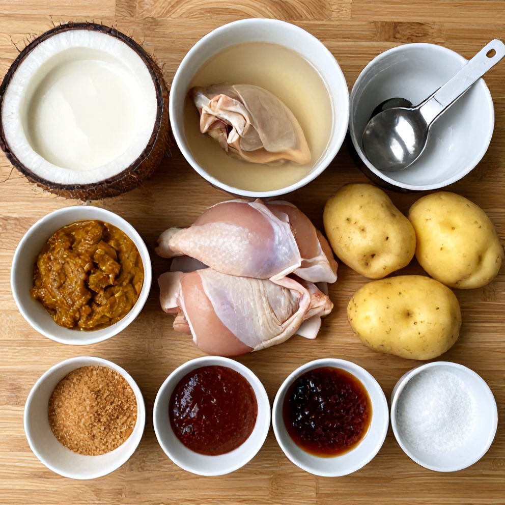 Raw ingredients for Easy Massaman Chicken Curry laid out on a wooden surface