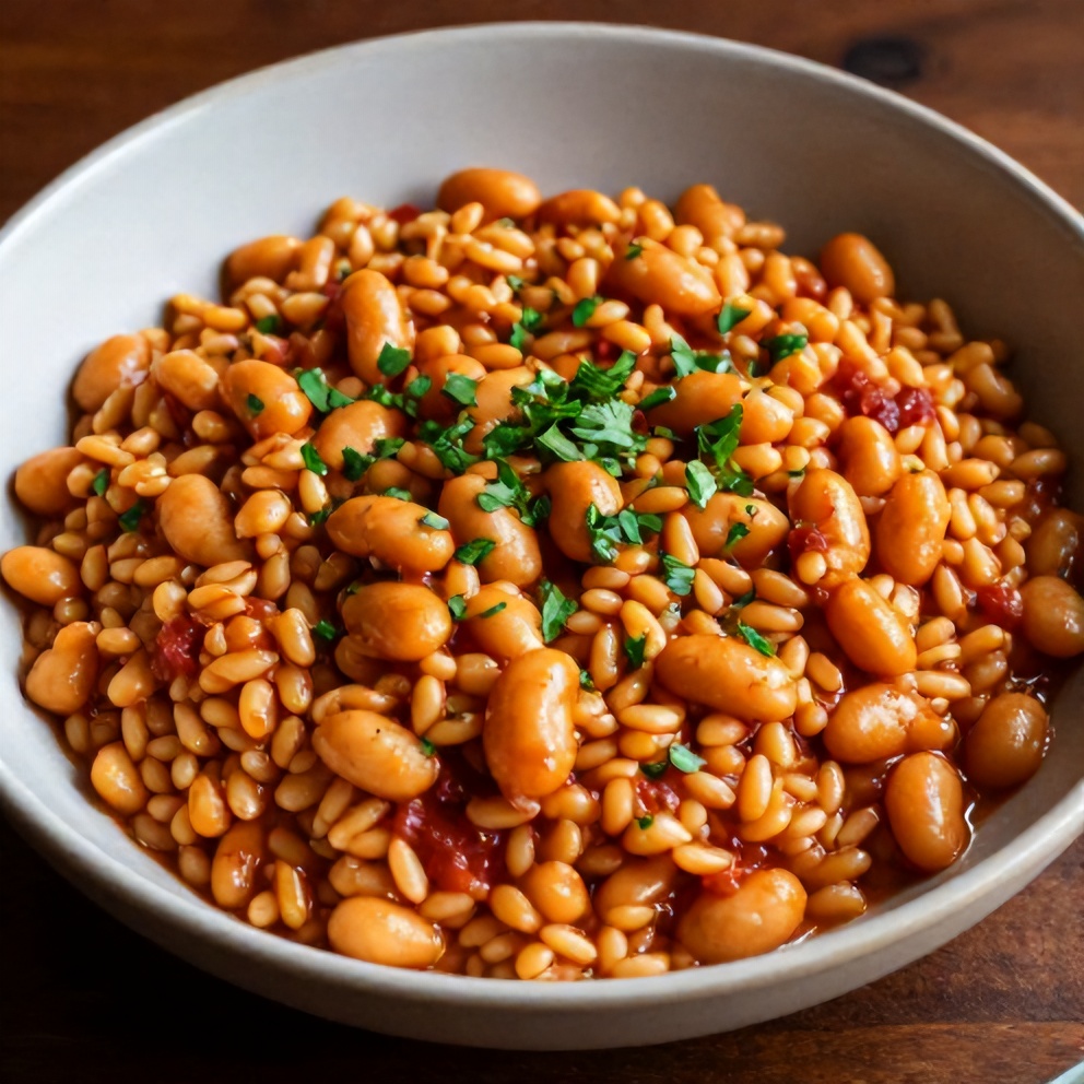 Plated serving of creamy Mediterranean Orzo and Beans