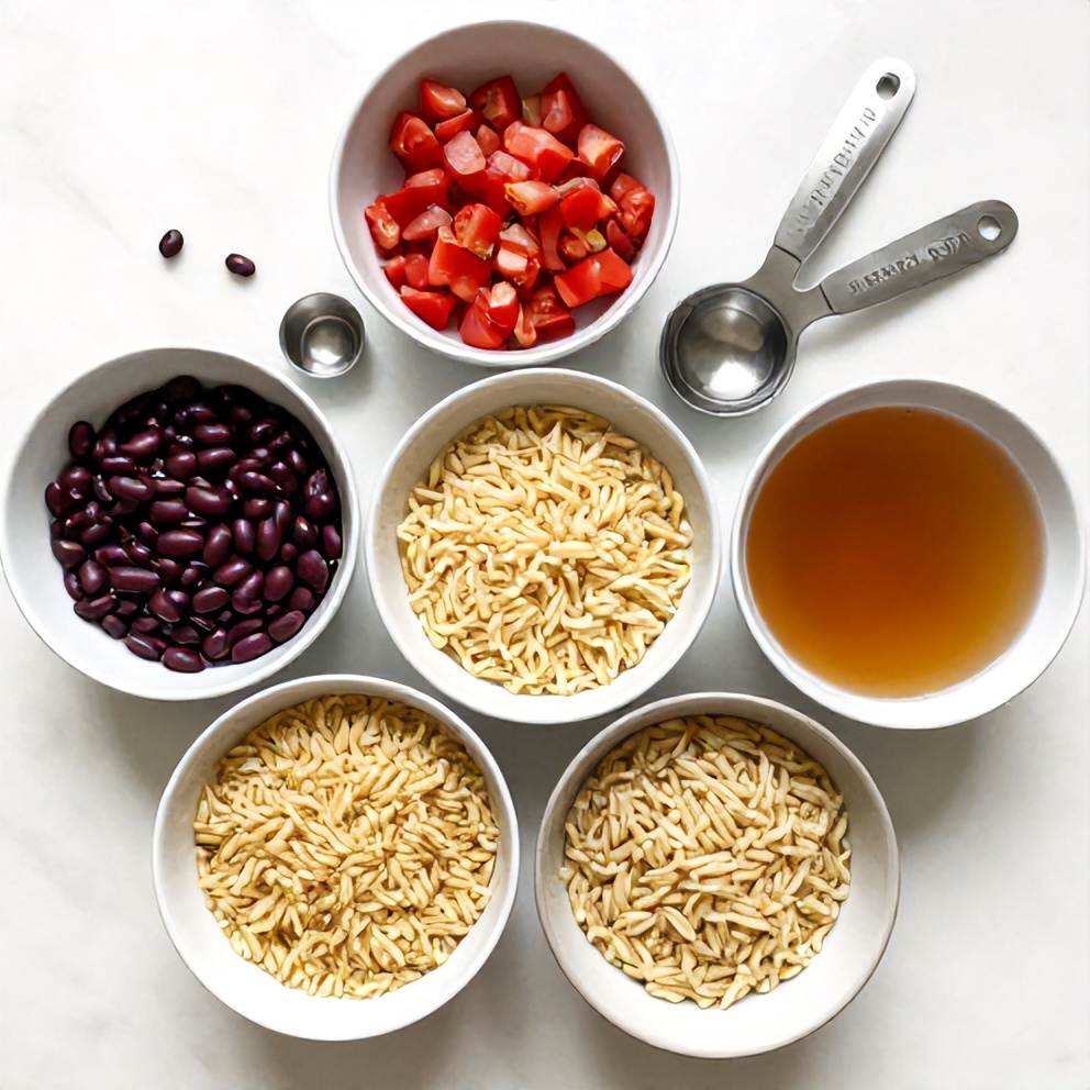 Raw ingredients for Mediterranean Orzo and Beans one-pot dinner