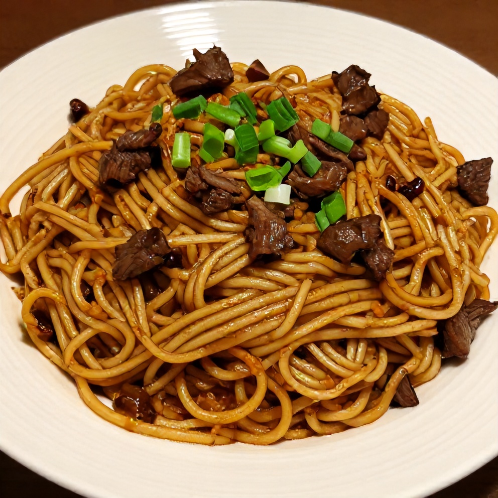 Plated serving of Mongolian Ground Beef Noodles on a white plate, garnished with green onions
