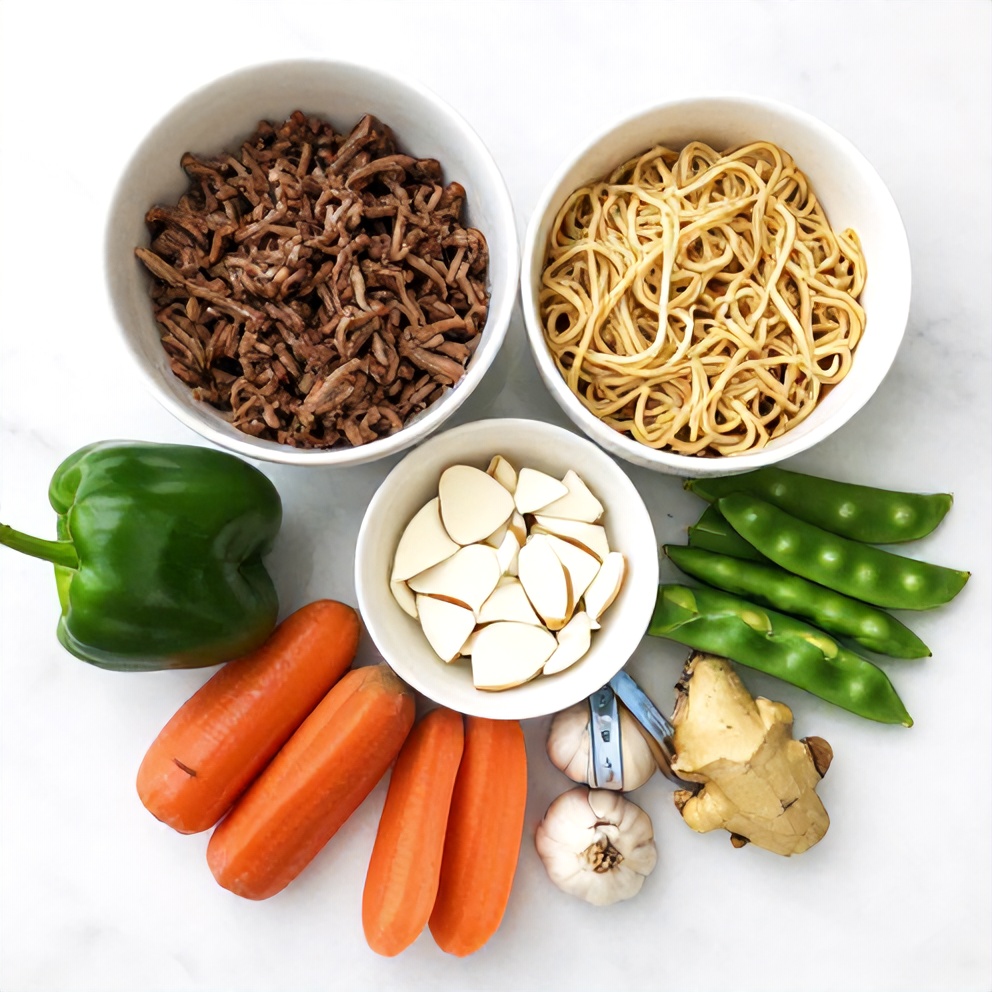 Raw ingredients for Mongolian Ground Beef Noodles in an overhead flat lay, including ground beef, noodles, and colorful vegetables