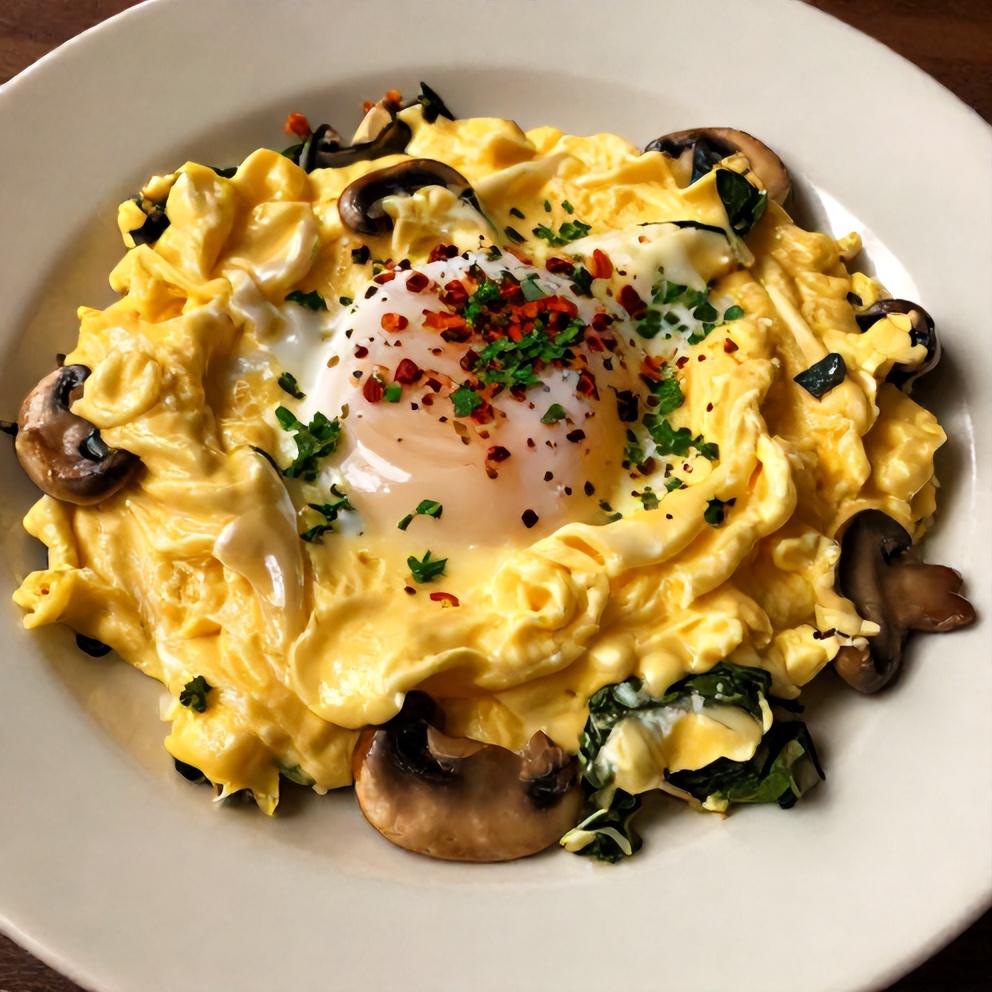 Plated Mushroom Spinach Scrambled Eggs with fresh parsley