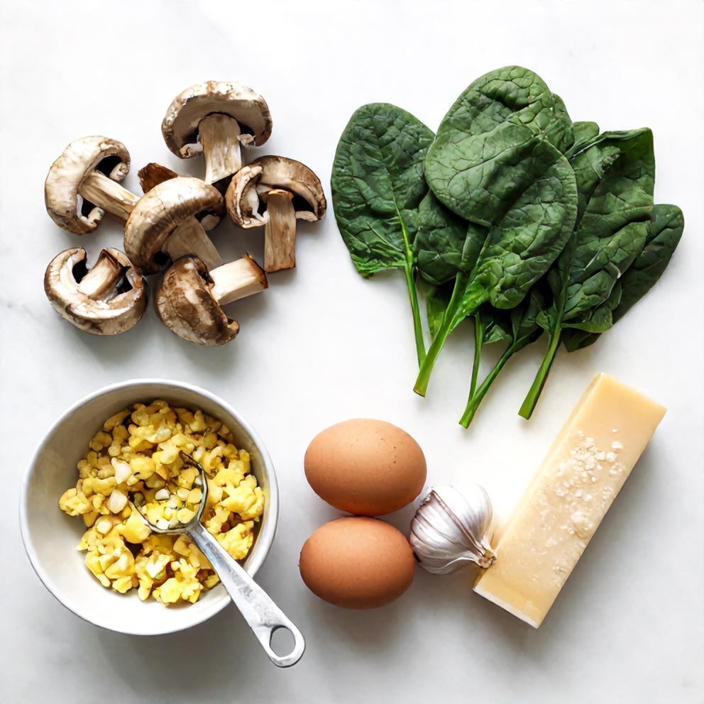 Raw ingredients for Mushroom Spinach Scrambled Eggs