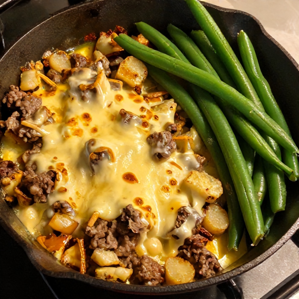 Plated creamy meat and potato skillet with a side of green beans
