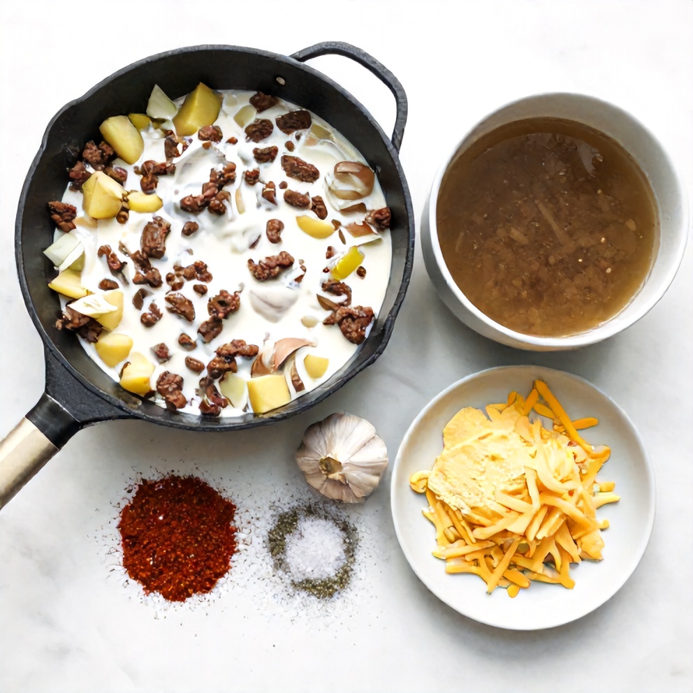 Raw ingredients for creamy meat and potato skillet on marble surface
