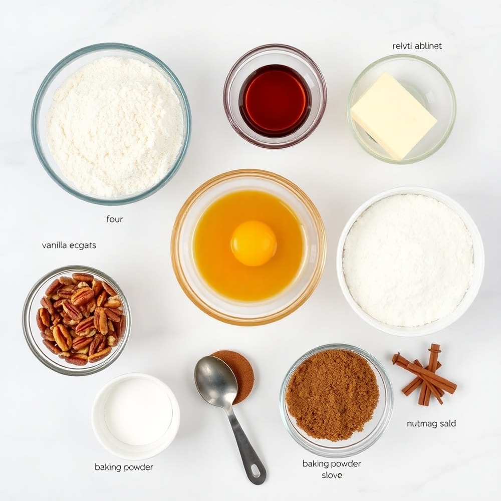 Raw ingredients for Pecan Crunch Glazed Bites on a white marble surface