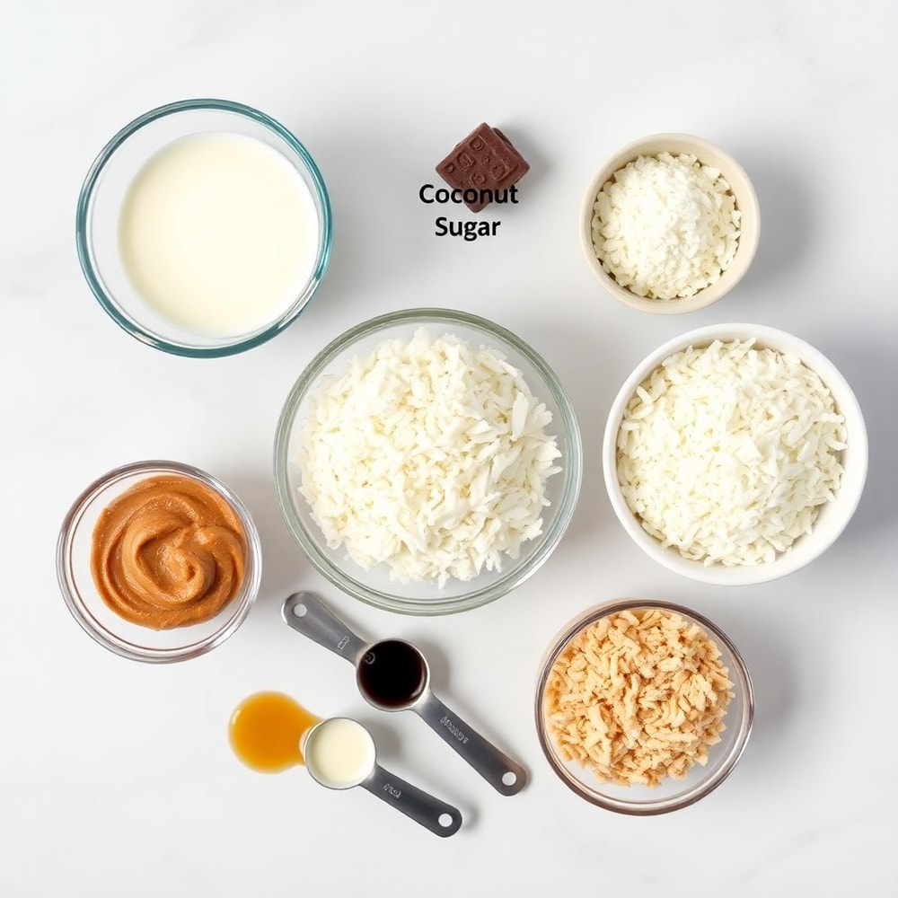 Raw ingredients for Samoa Truffles on a white marble surface