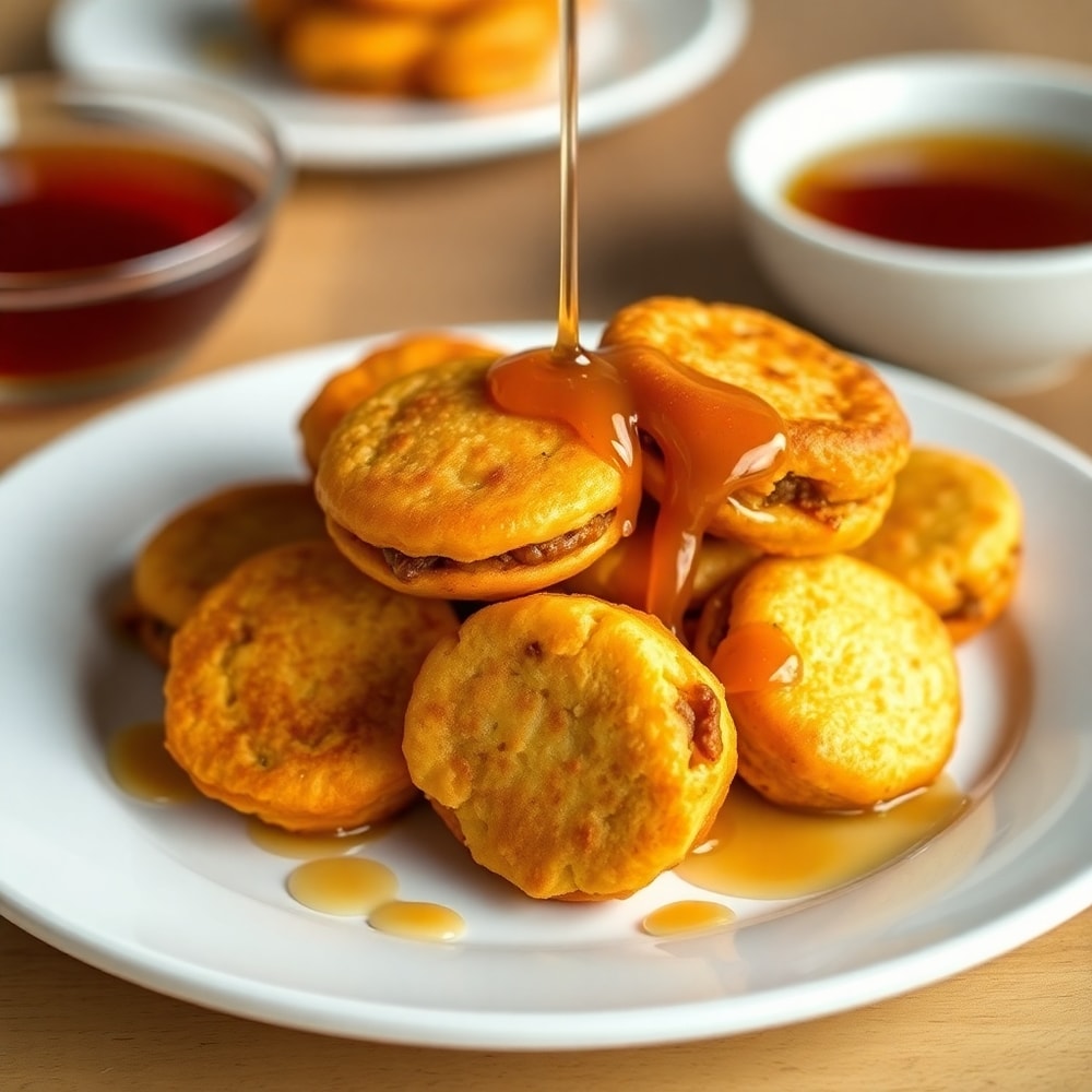Sausage pancake bites on a plate with a side of maple syrup